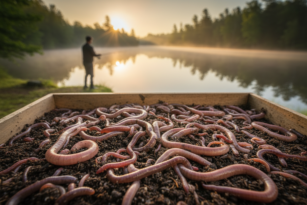 Live worms in a tray next to a fisherman on a lake
