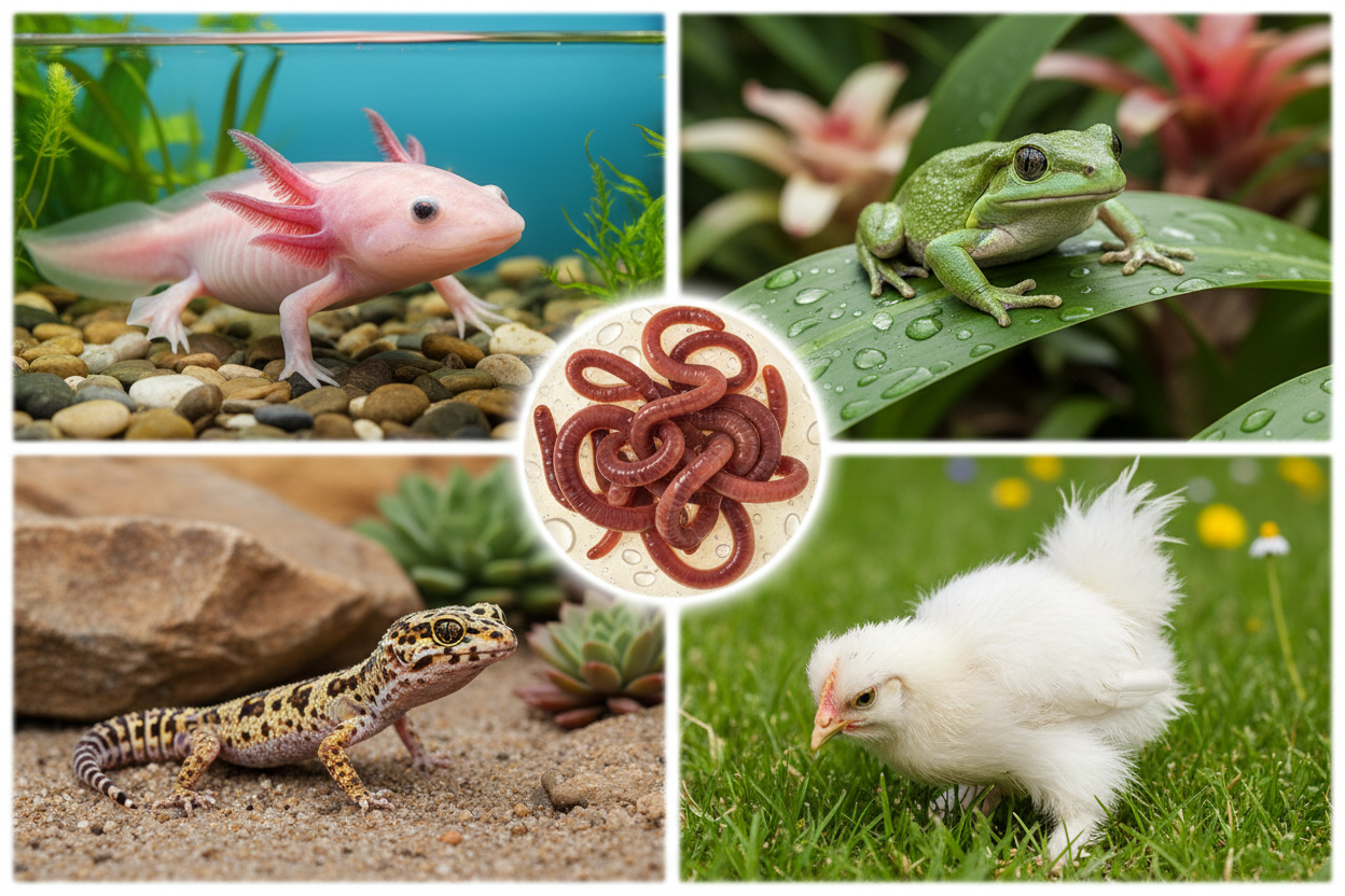 Collage of an axolotl, leopard gecko, frog, and white chicken – animals that eat live worms
