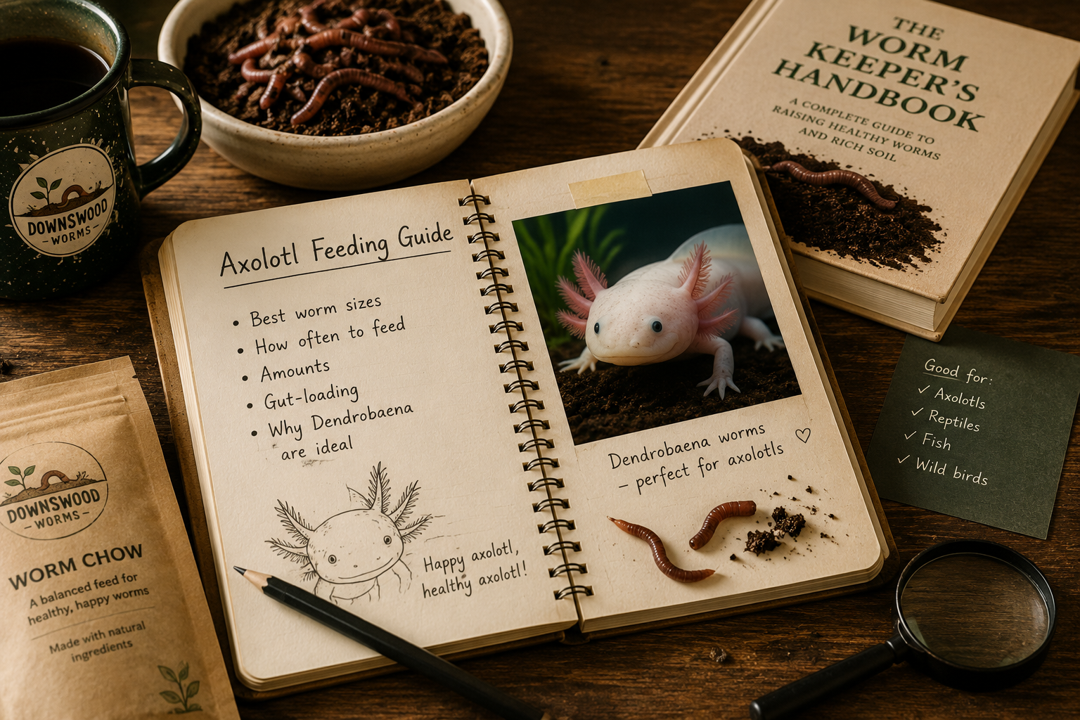 An open spiral-bound notebook on a wooden table displays a worm-keeping guide with illustrations of an axolotl and a worm. Surrounding it are branded 'Downwood Worms' packages, a mug, a bowl of worms, a book titled 'The Worm Keeper's Handbook', a magnifying glass, and a small sticky note on a rustic wooden surface.