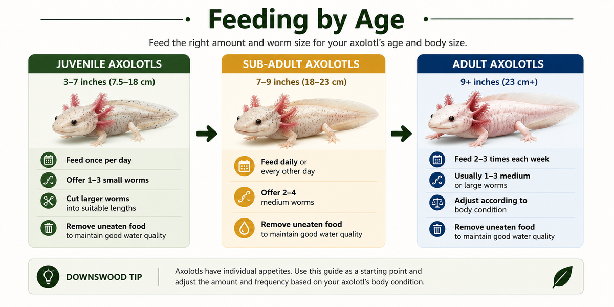 An infographic titled 'Feeding by Age' with three colored panels for juvenile, sub-adult, and adult axolotls, showing feeding frequency and care tips, plus a Downswood Tip section at the bottom.