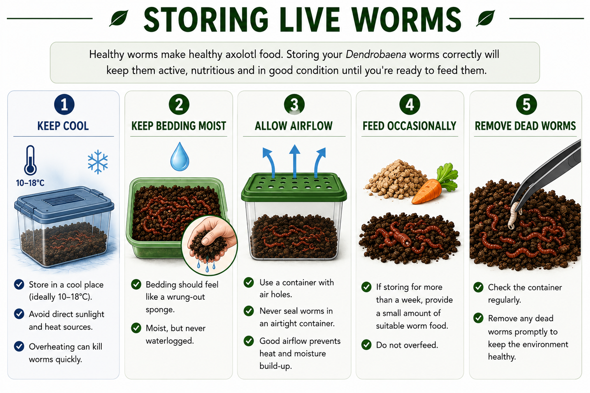 An infographic titled 'STORING LIVE WORMS' with five numbered panels explaining how to store Dendrobium worms: keep cool, keep bedding moist, allow airflow, feed occasionally, and remove dead worms. It includes photos of a container with worms, bedding, food, and a hand using tweezers.