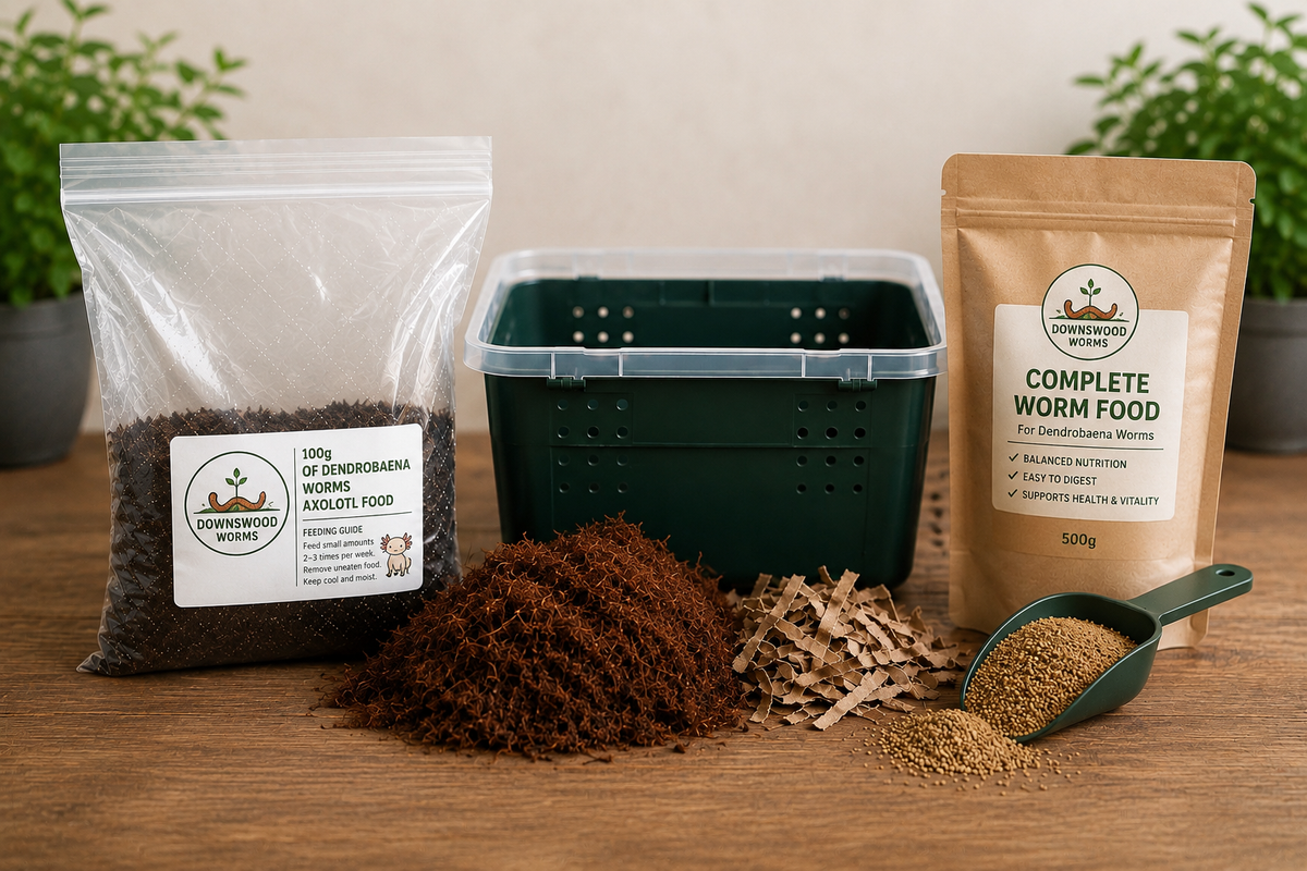 Worm farm starter kit components arranged on a wooden surface: a bag of demineralized worm food, a brown paper bag of complete worm food, a dark green plastic worm bin, loose brown substrate, wood chips, and a scoop of tan bedding. Plants are blurred in the background.