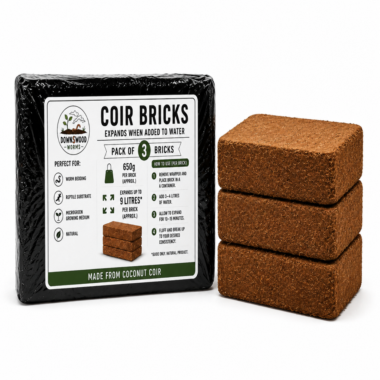 A package of Downwood Coir Bricks next to three stacked brown coir blocks on a white background.