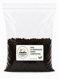A clear plastic resealable bag filled with dark brown composting material, featuring a white label that reads 'Downwood Worms' and '100g of Dendrobaena Worms Composting'.