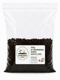 A clear plastic bag filled with dark brown worm castings, featuring a white label on the front with the brand 'Downswood Worms' and text reading '100g of Dendrobaena Axolotl Food'.