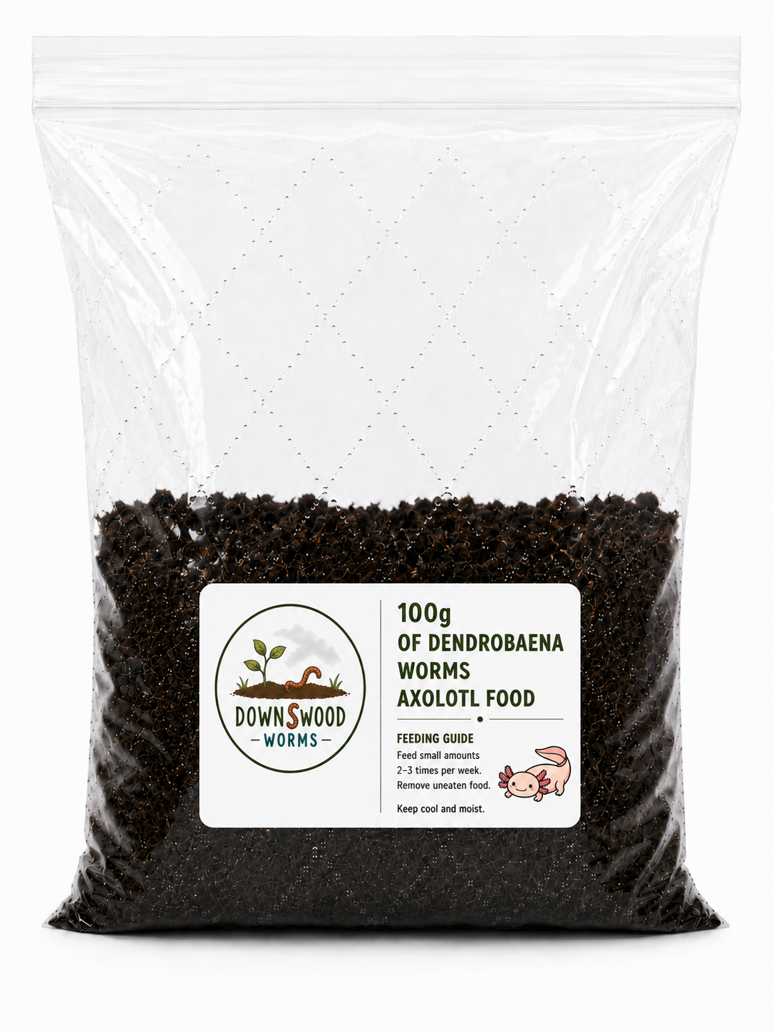 A clear plastic bag filled with dark brown worm castings, featuring a white label on the front with the brand 'Downswood Worms' and text reading '100g of Dendrobaena Axolotl Food'.