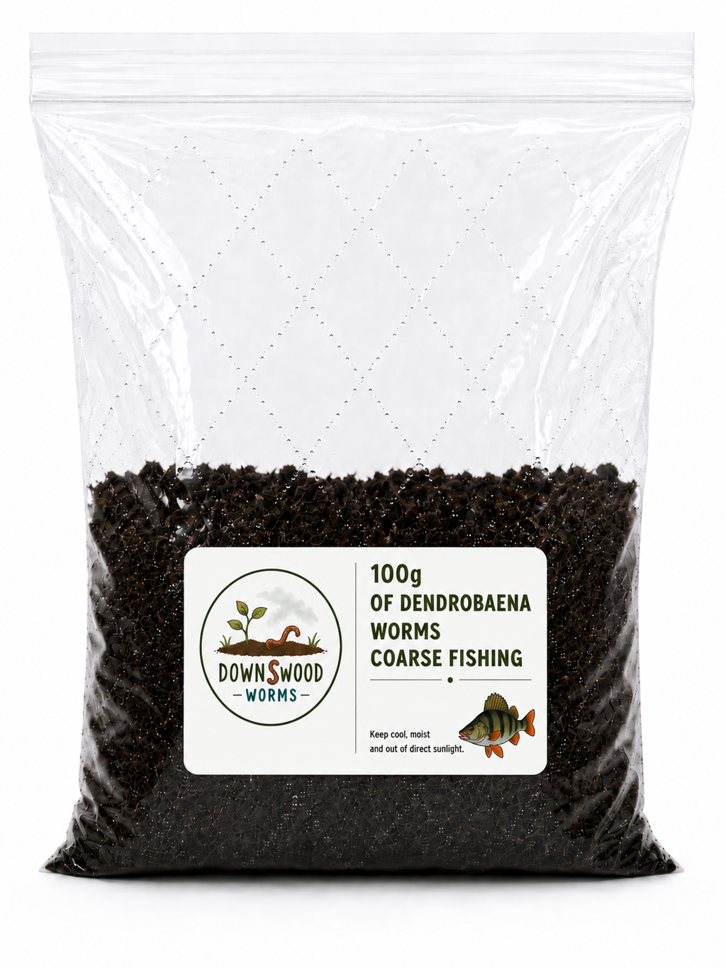 A clear plastic bag filled with dark brown coarse fishing worms, featuring a white label on the front with the brand 'Downwood Worms' and product details.