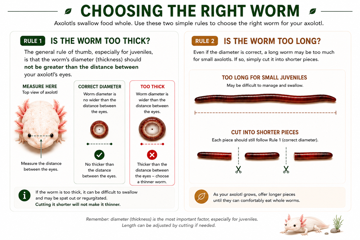 An educational infographic titled 'CHOOSING THE RIGHT WORM' with two rules for measuring and cutting axolotl worm pieces for aquarium keeping. The left side, under 'RULE 1', shows how to measure worm thickness using an eyepiece and hand gesture, with diagrams of a thick, correct, and too-thick worm.