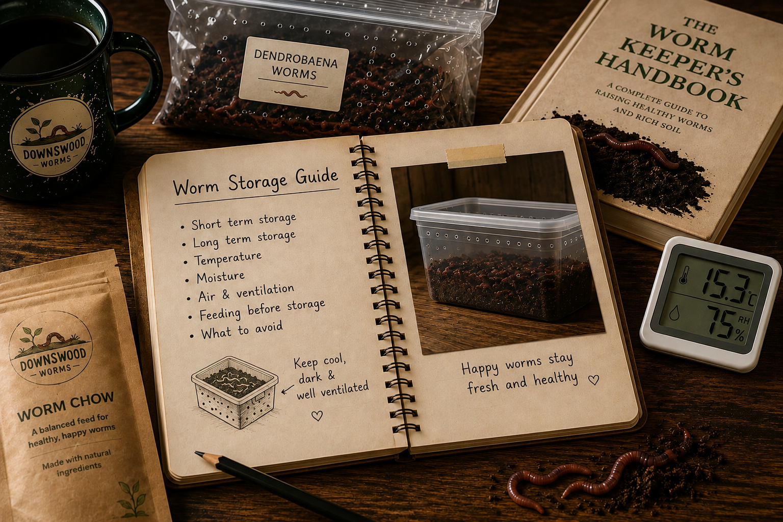 A styled flat-lay of a worm storage guide notebook on a wooden table, surrounded by Downwood Worms products including worm chow bags, substrate bags, a digital thermometer, and a worm.