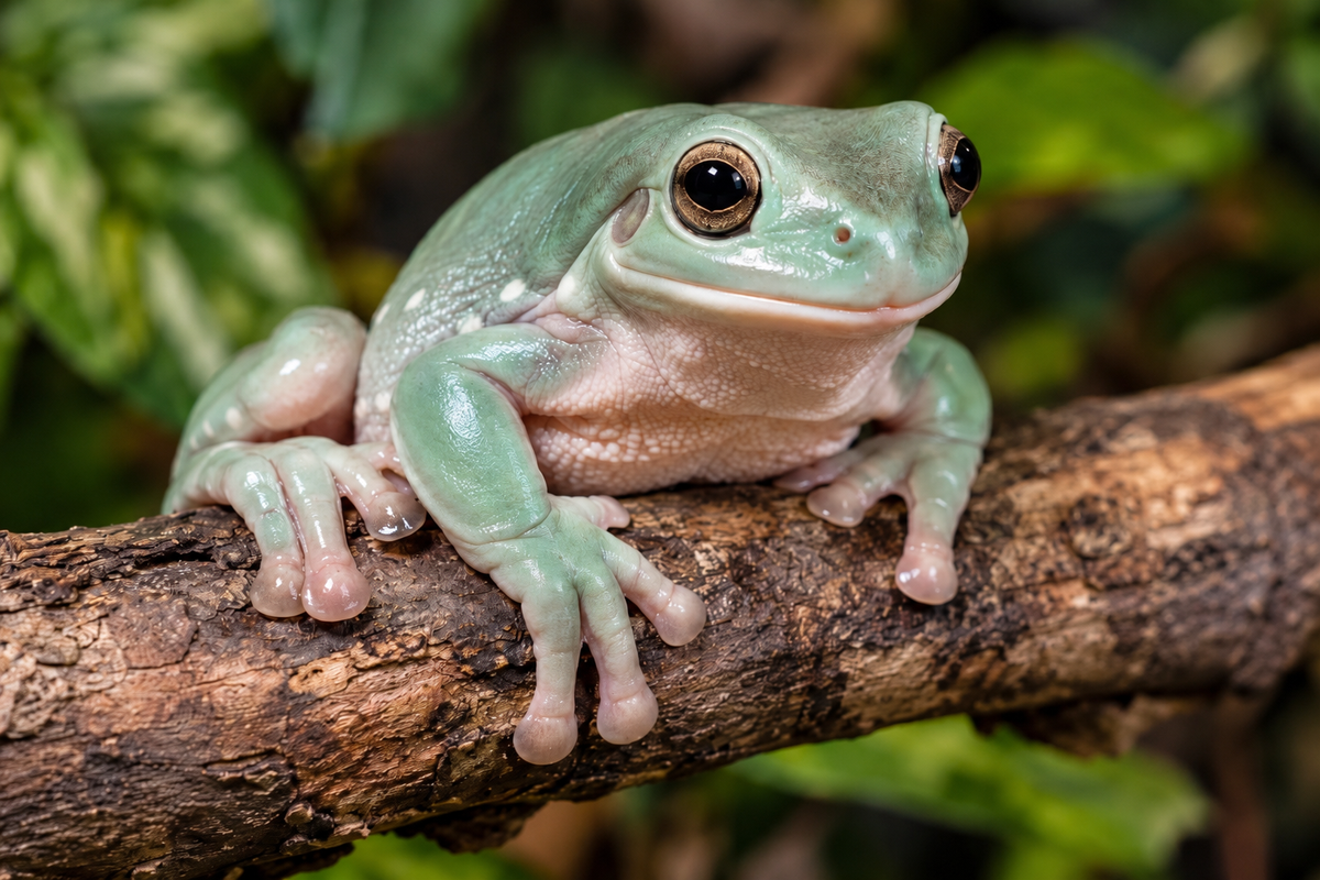White’s tree frog sitting on a branch 