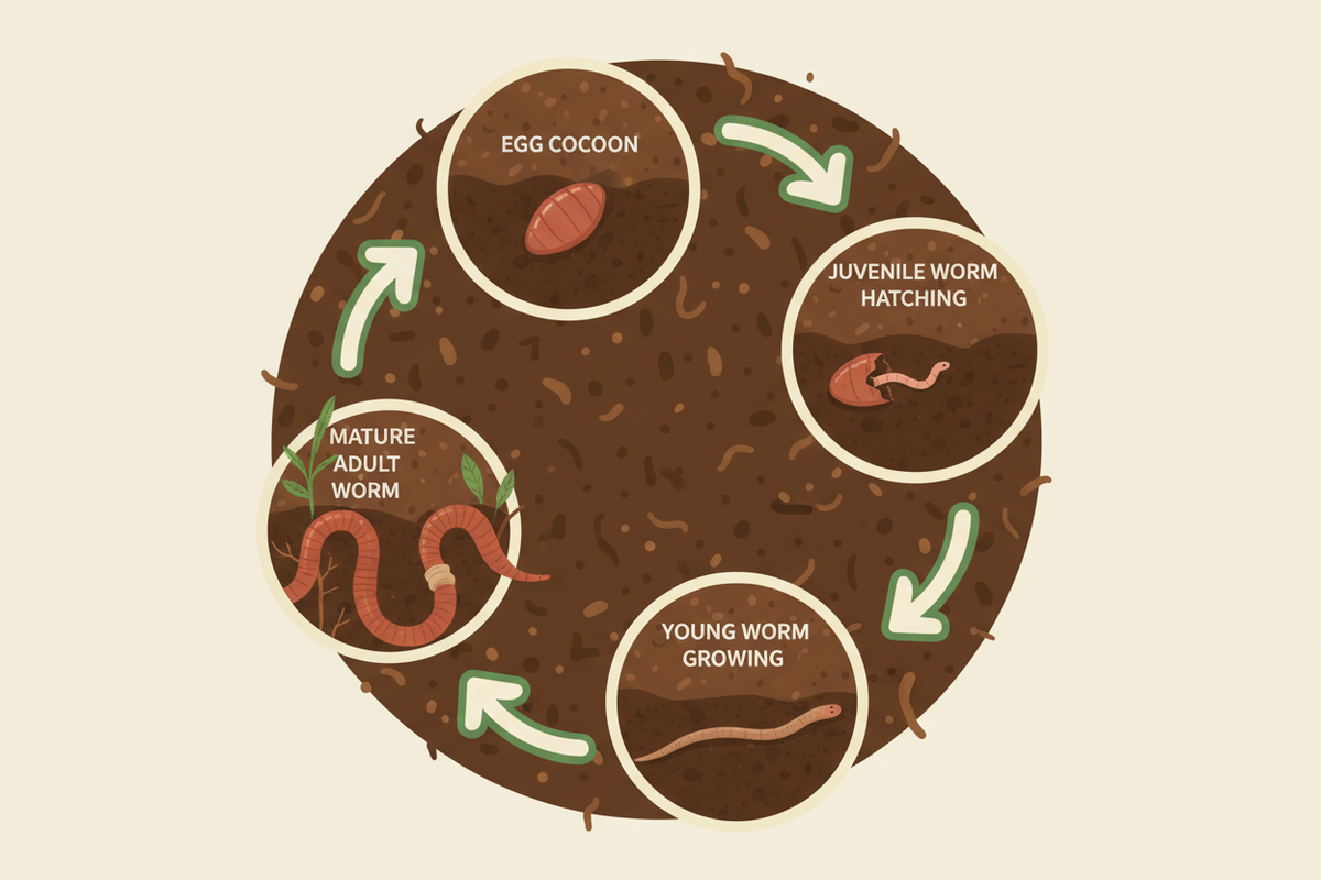 An educational diagram illustrating the lifecycle of a worm, showing stages from egg cocoon to mature adult worm, young worm growing, and juvenile worm hatching, set against a circular brown soil background on a light beige background.